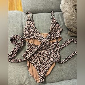Aerie Tan One-Piece Swimsuit with Leopard Accents
